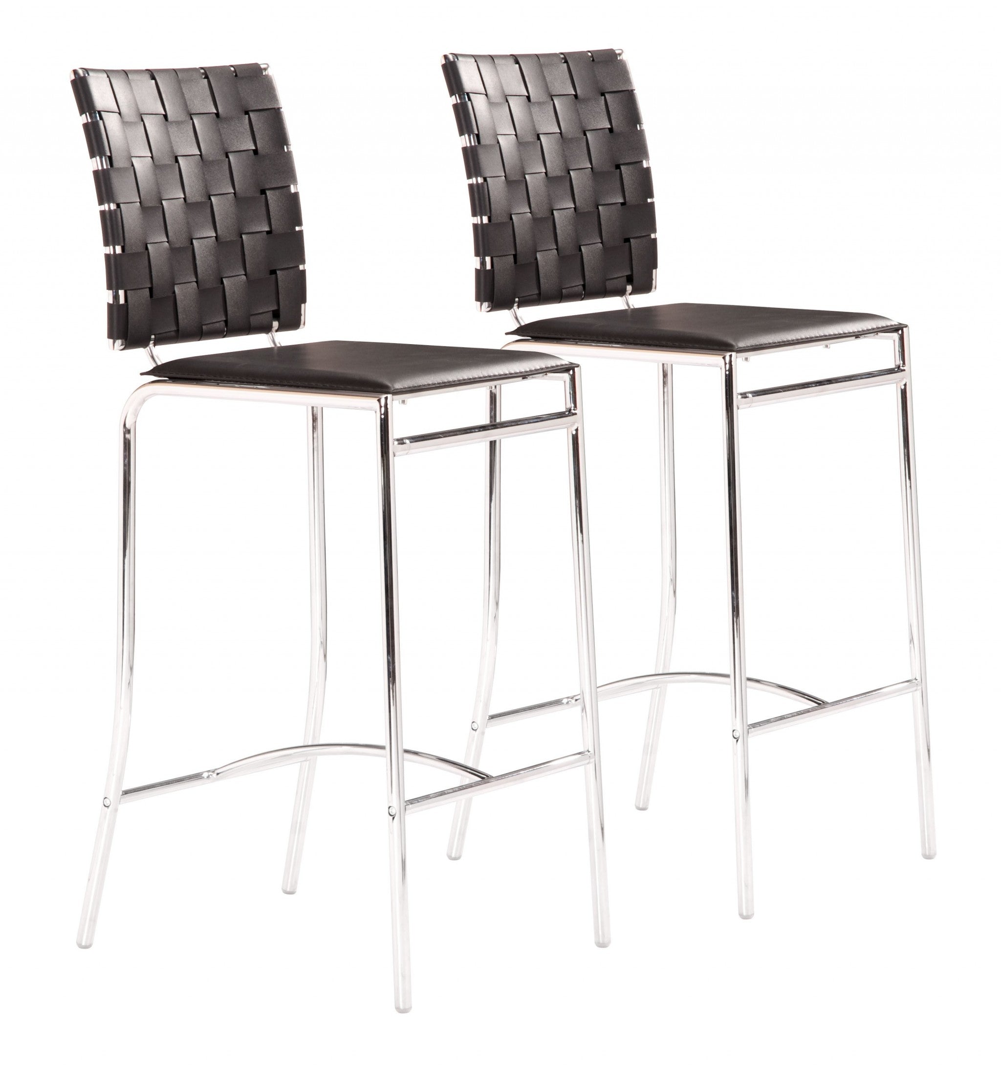 Set Of Two 39" Black And Silver Low Back Counter Height Bar Chairs With Footrest