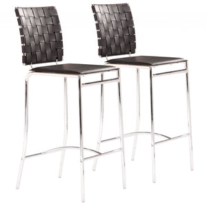 Set Of Two 39" Black And Silver Low Back Counter Height Bar Chairs With Footrest