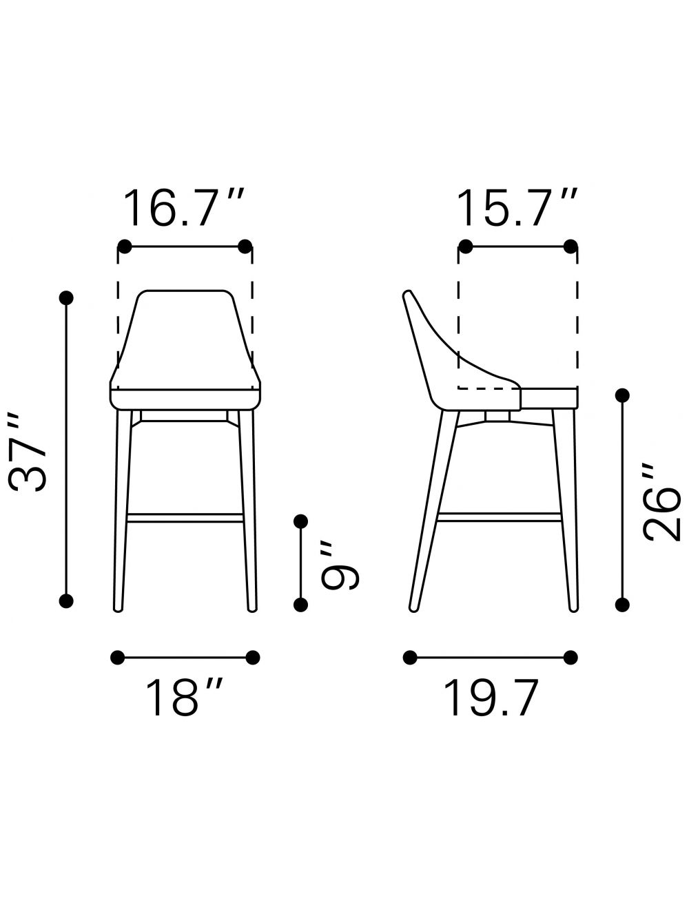37" Gray And Brown Solid Wood Low Back Counter Height Bar Chair With Footrest