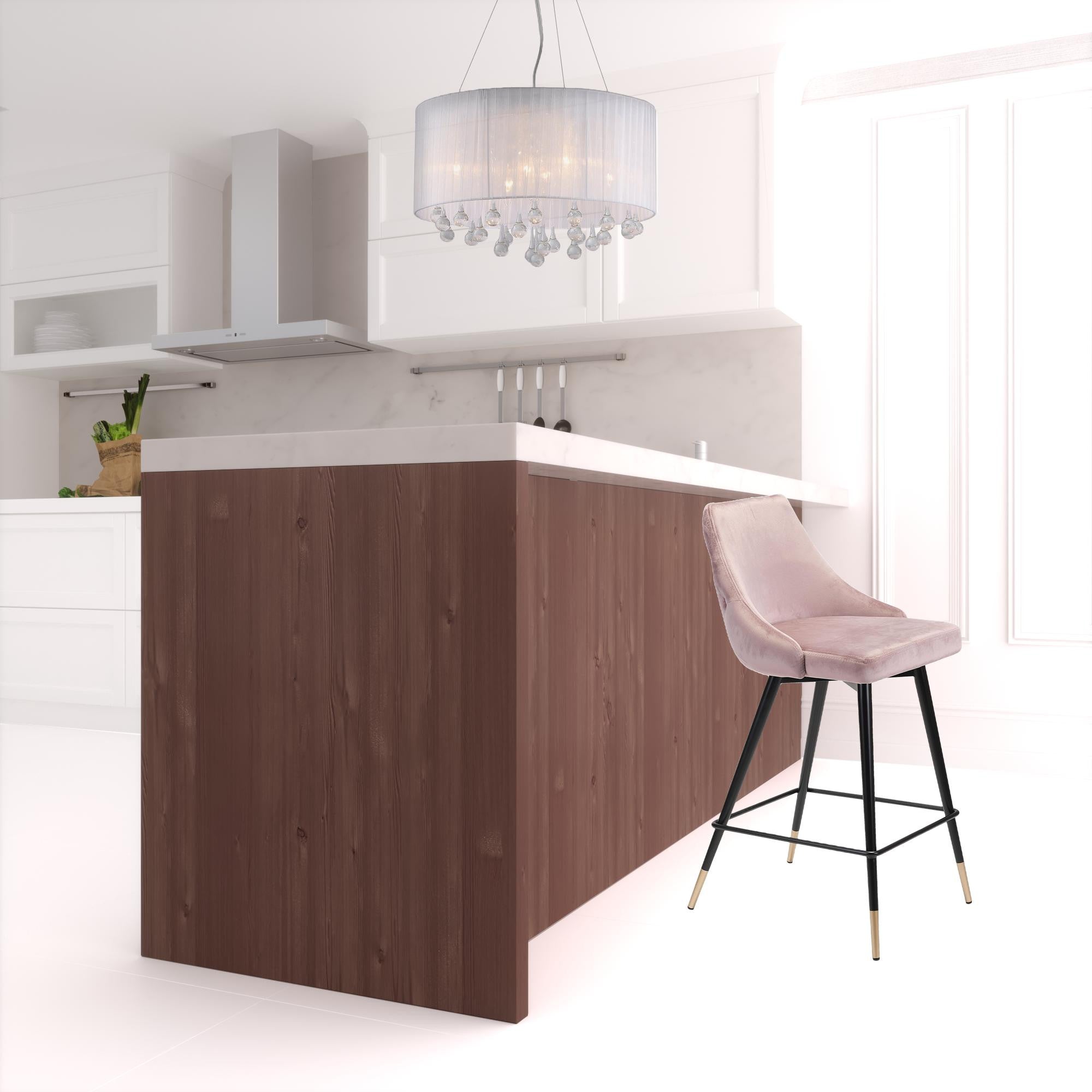 36" Pink Tufted Velvet and Black Counter Height Bar Chair With Footrest