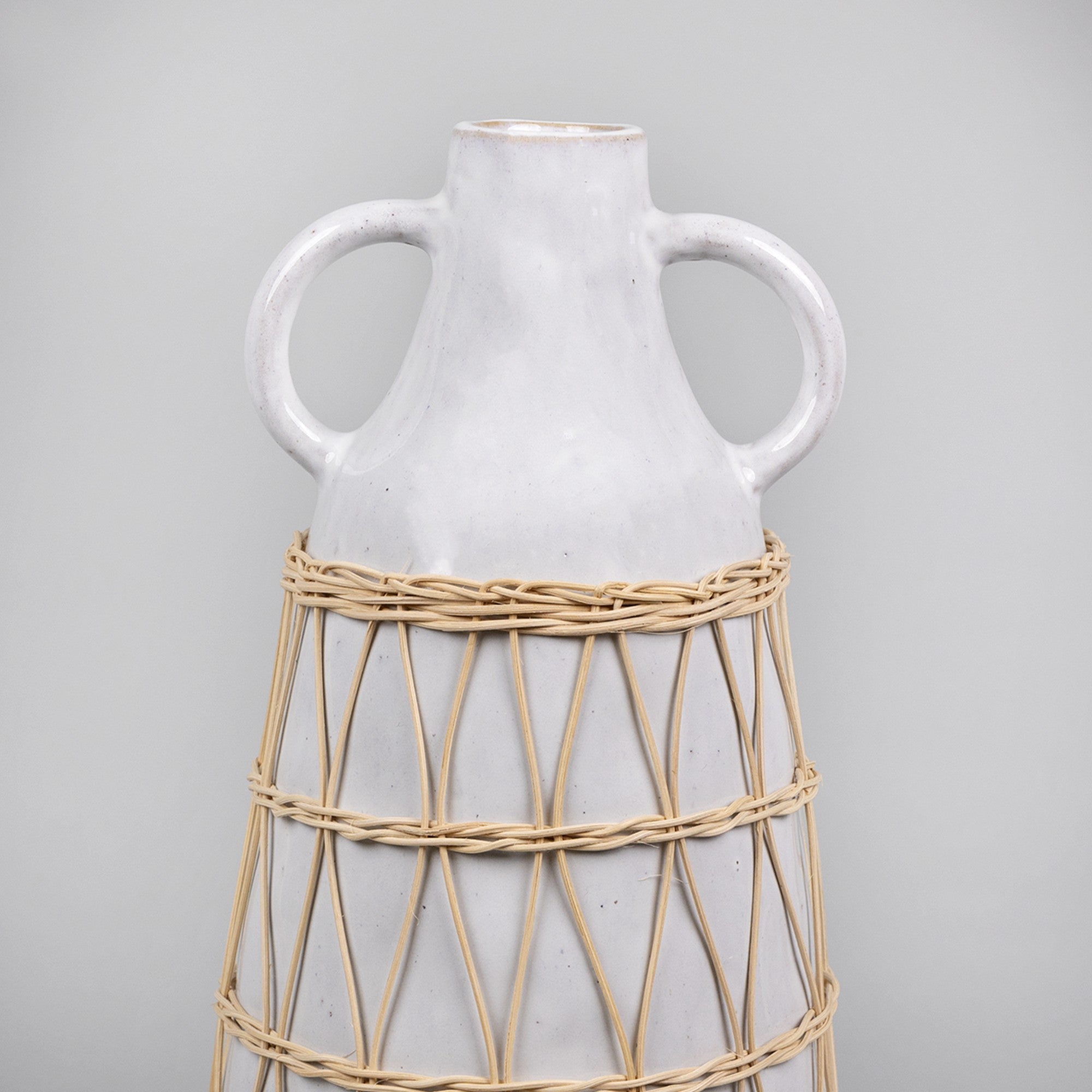 White Stone and Rattan Detail Long Vase