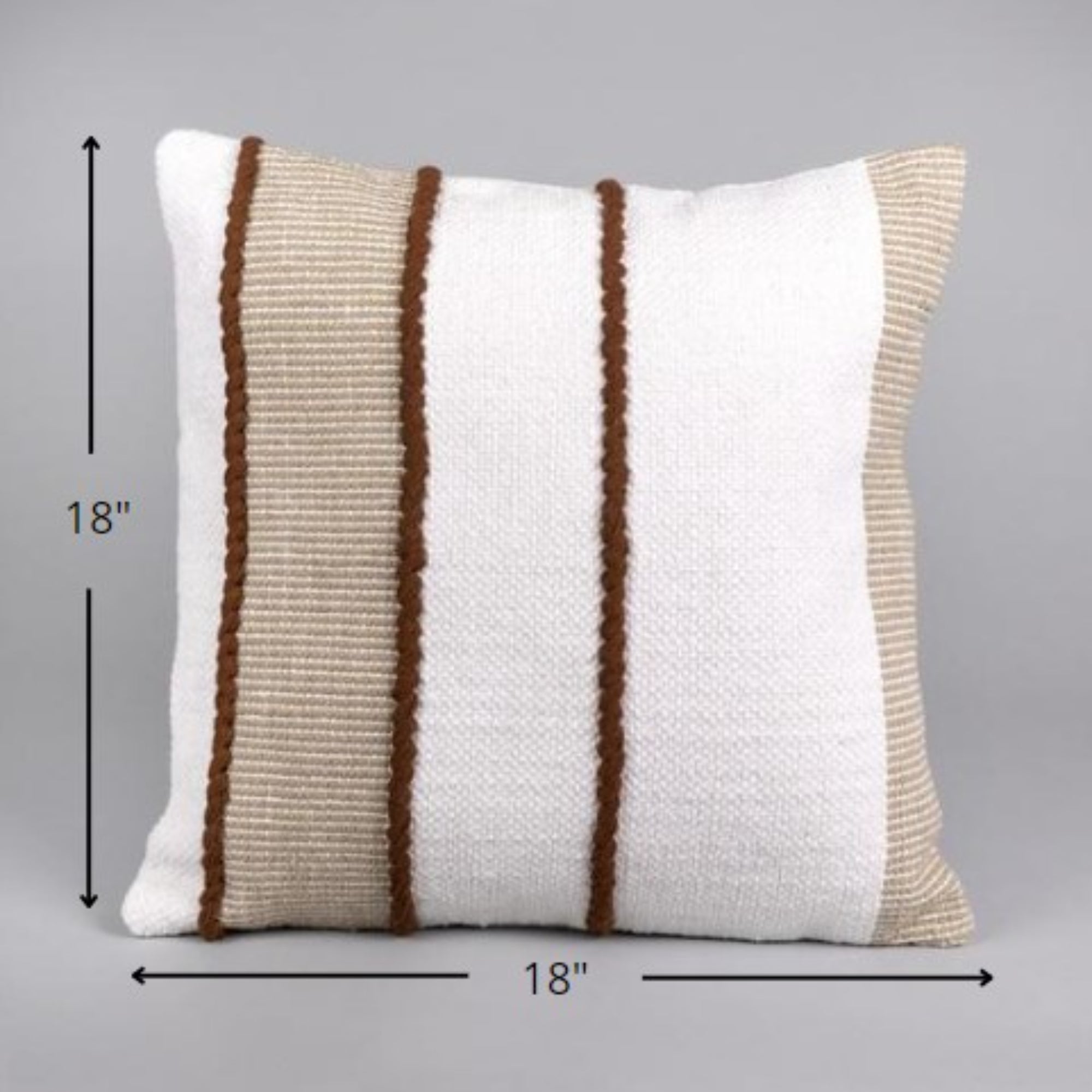 18" X 18" White And Brown Textured Striped White and Brown Throw Pillow