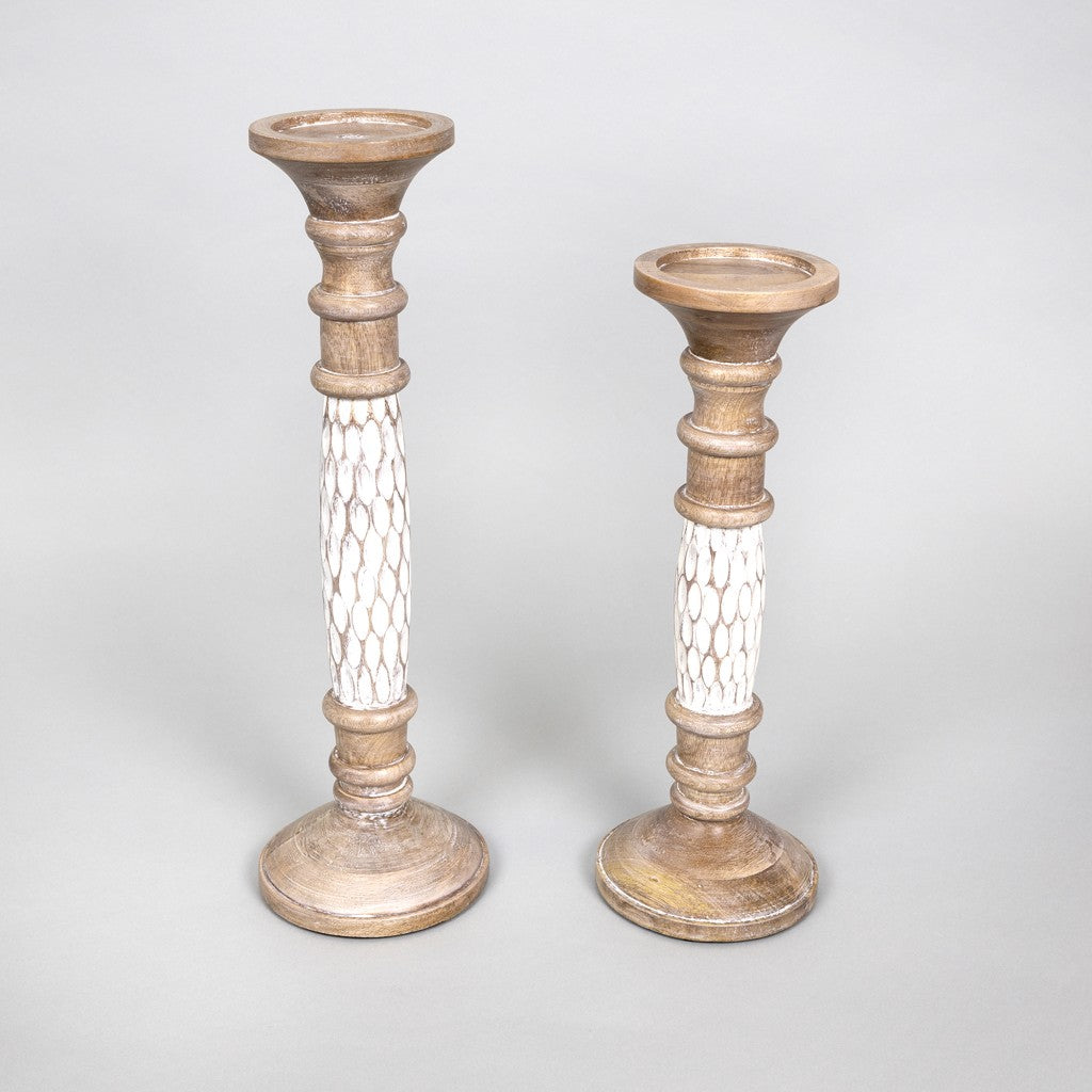White Wooden Carved Candle Holders Set of Two
