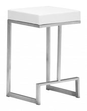 Set of Two White Faux Leather and Stainless Geometric Backless Counter Stools