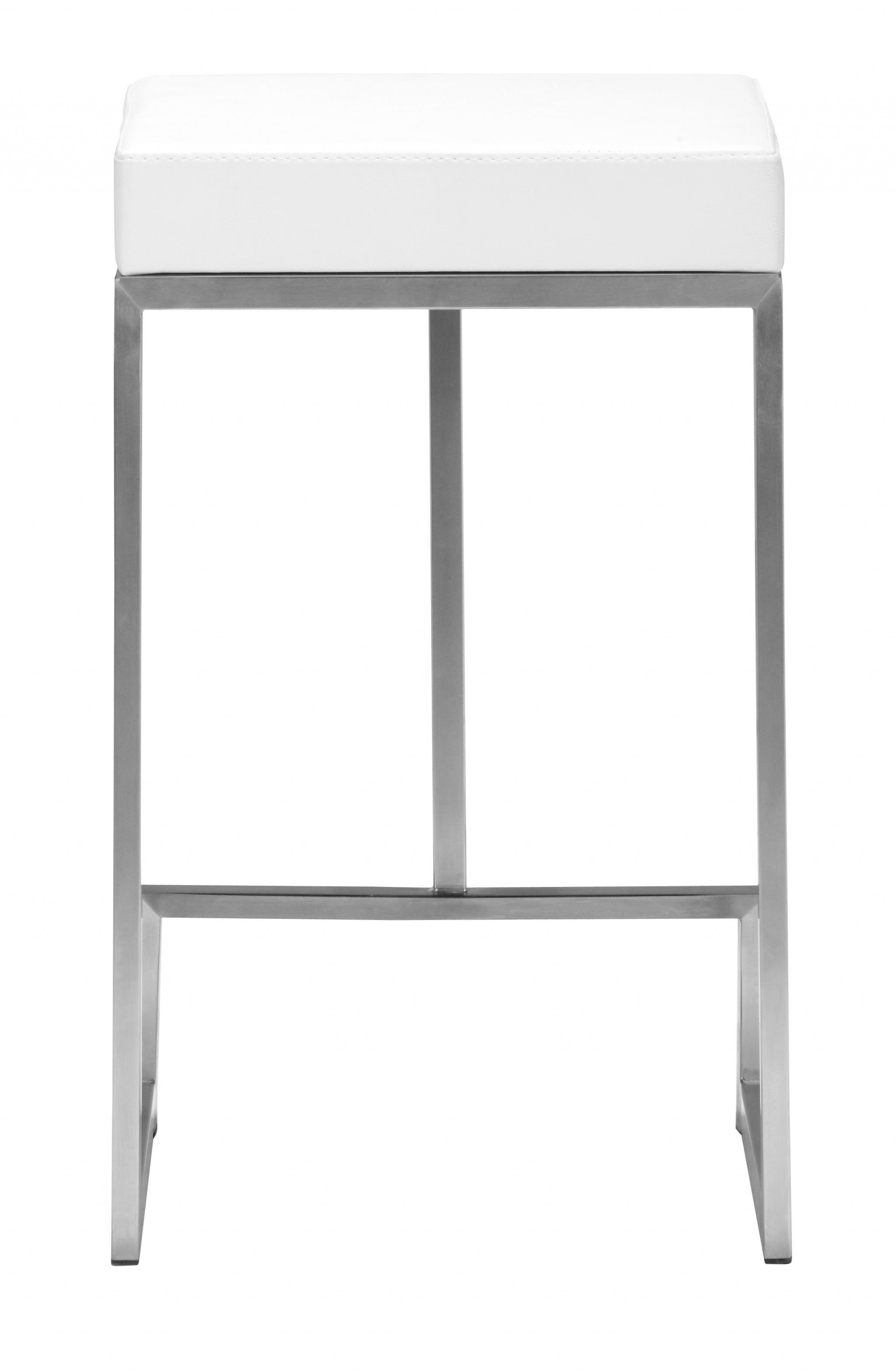 Set of Two White Faux Leather and Stainless Geometric Backless Counter Stools