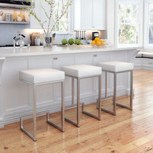Set of Two White Faux Leather and Stainless Geometric Backless Counter Stools