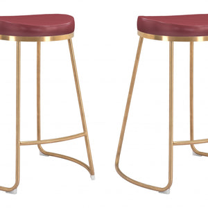 26" Red And Gold Faux Leather And Stainless Steel Backless Counter Height Bar Chair With Footrest