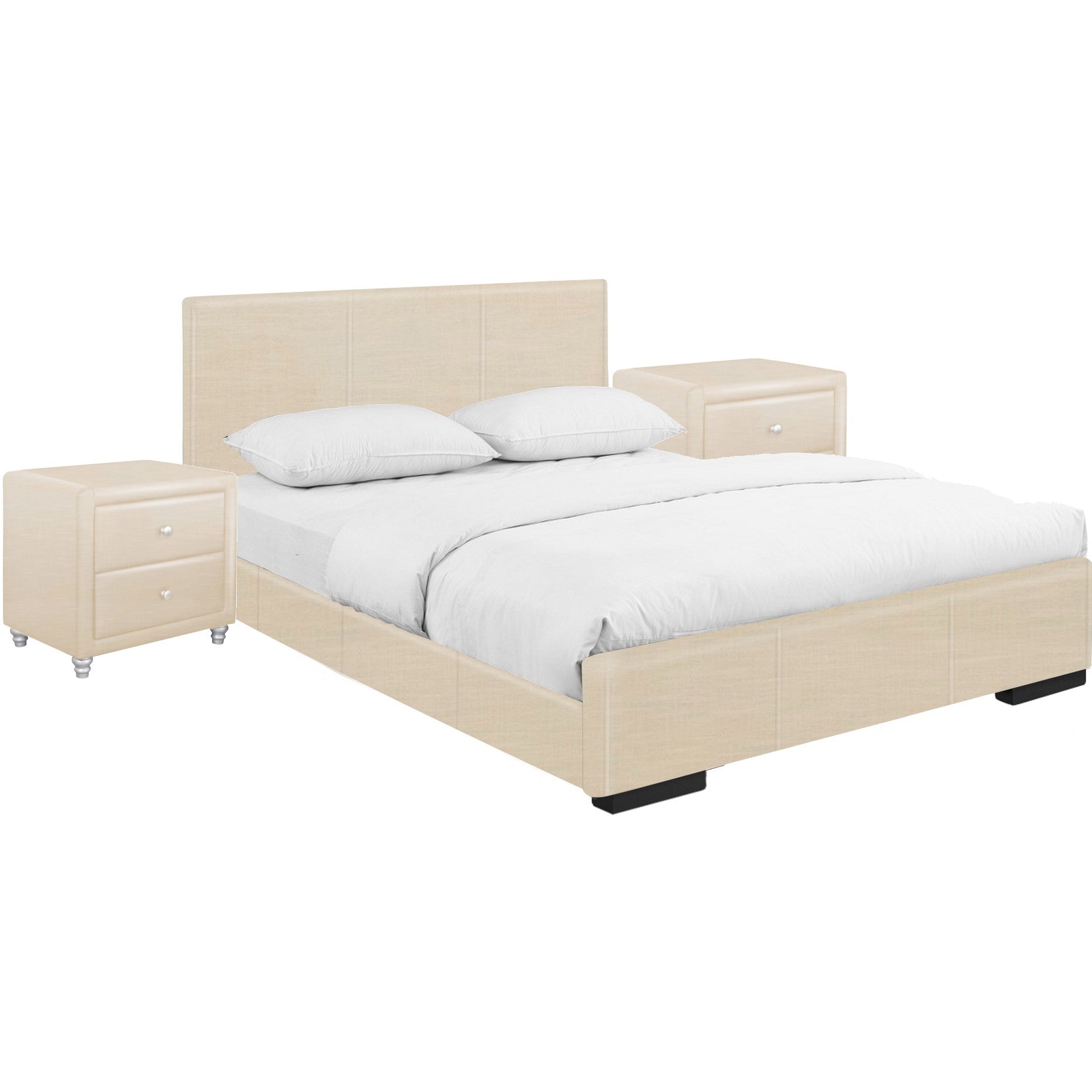 Solid Wood Beige Standard Bed Upholstered With Headboard