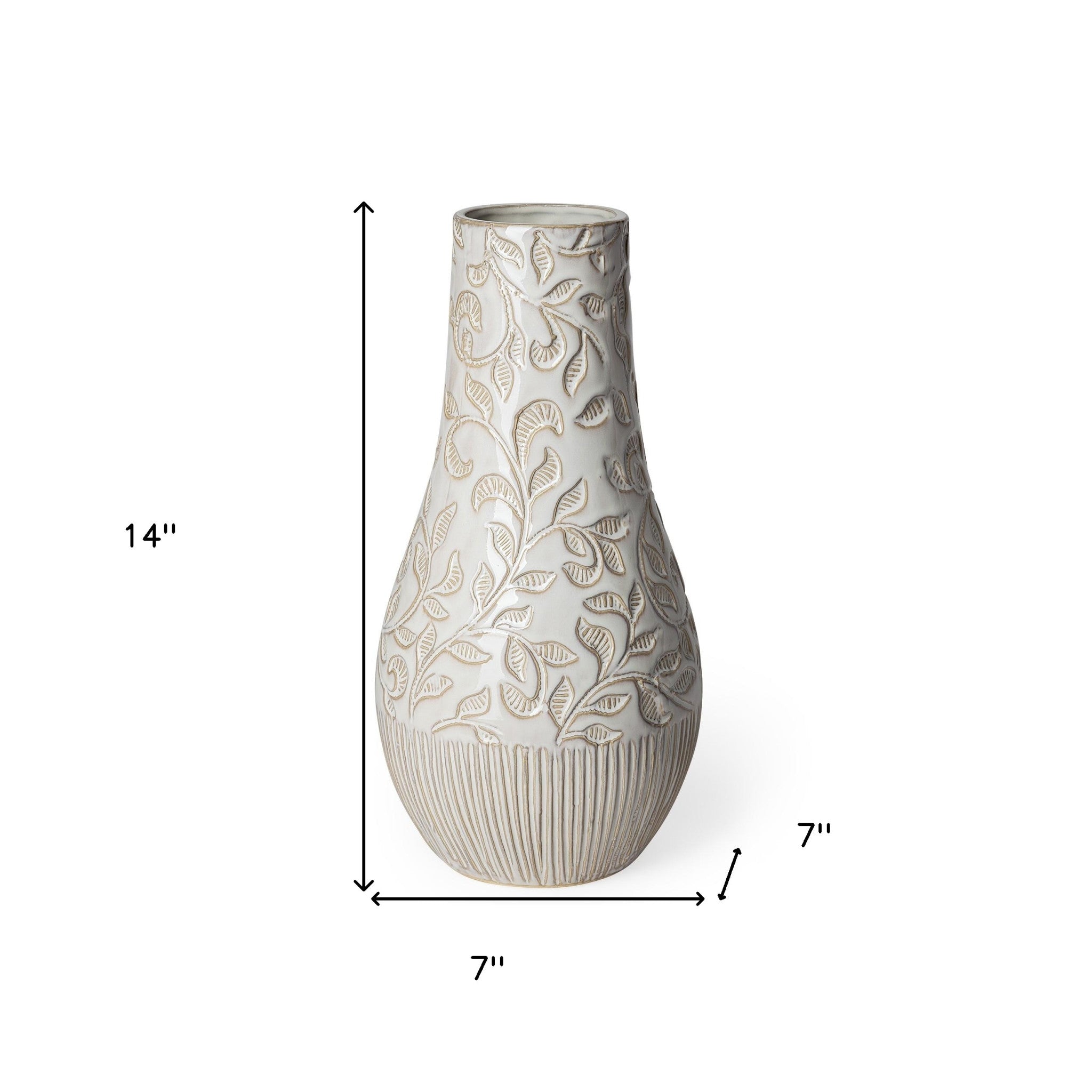 14" Carved White Ceramic Vase