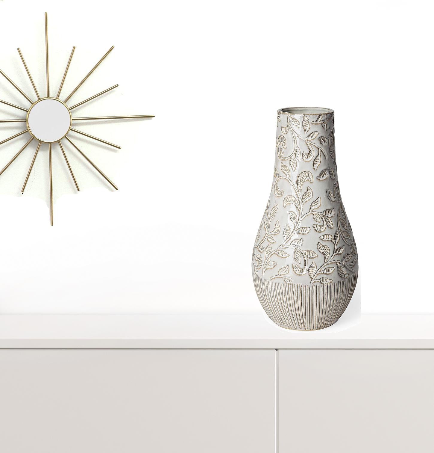 14" Carved White Ceramic Vase