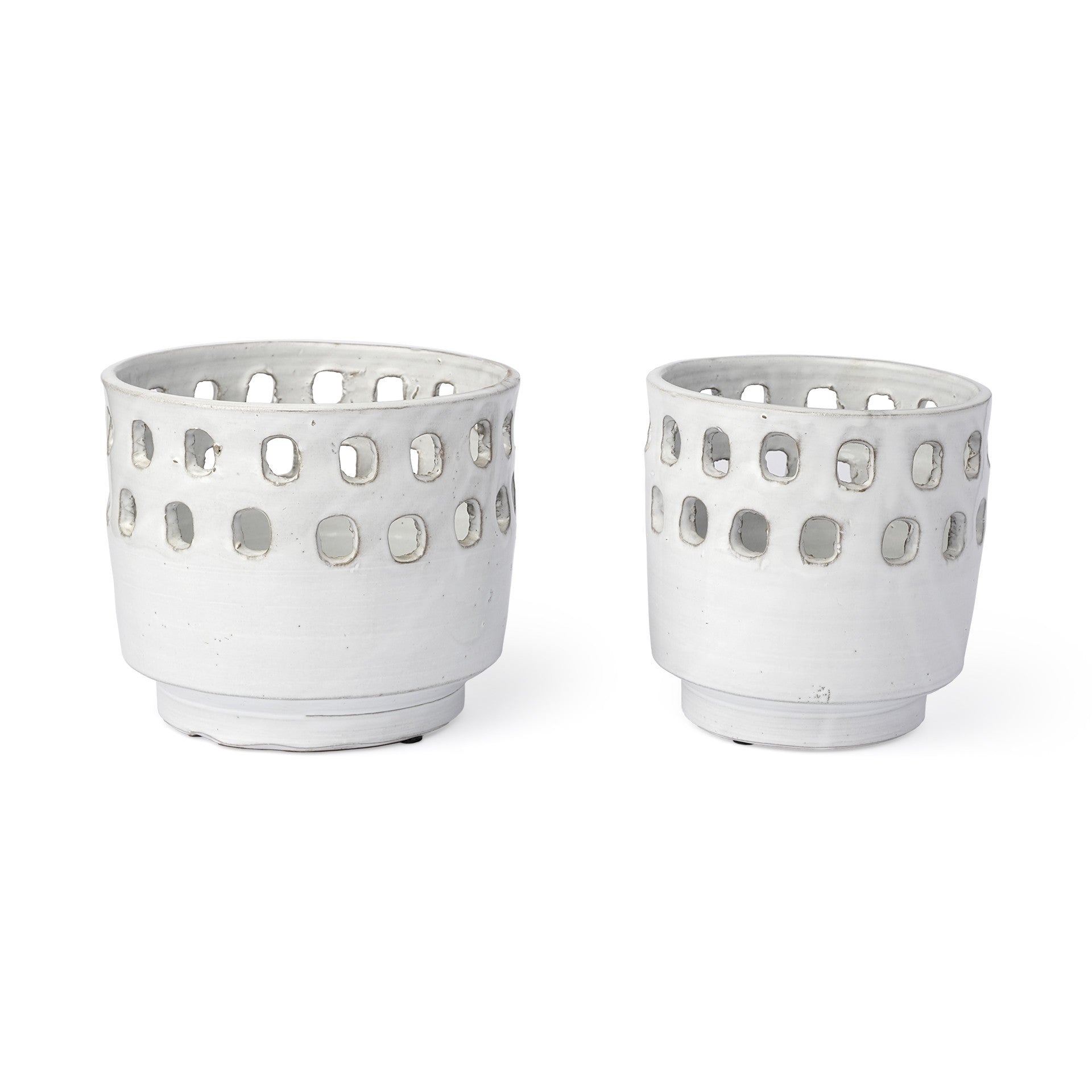 White Ceramic Vases with Hollow Details Set of Two