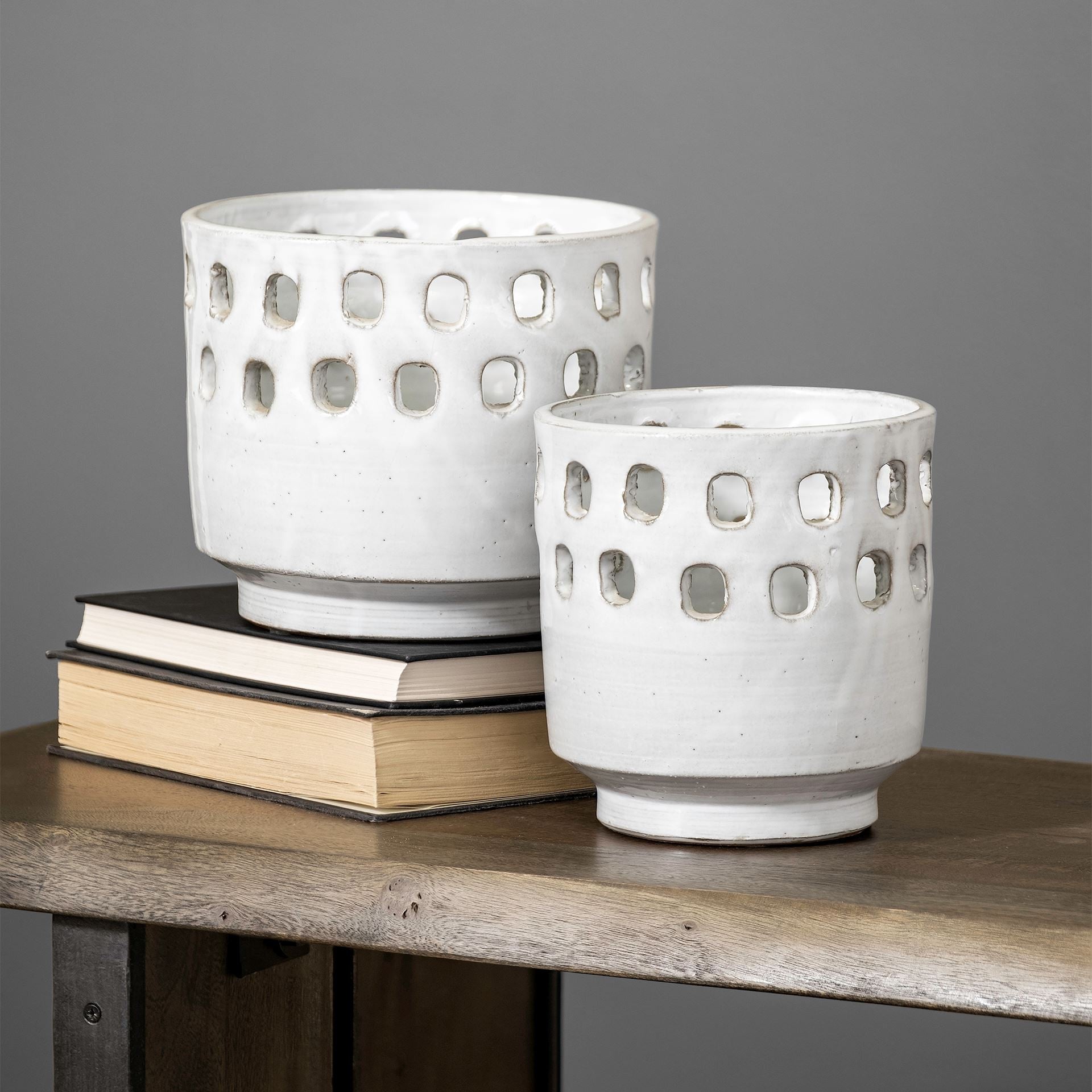 White Ceramic Vases with Hollow Details Set of Two
