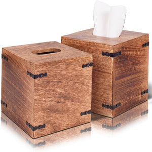Set of 2 Rustic White Mango Wood Square Tissue Holders