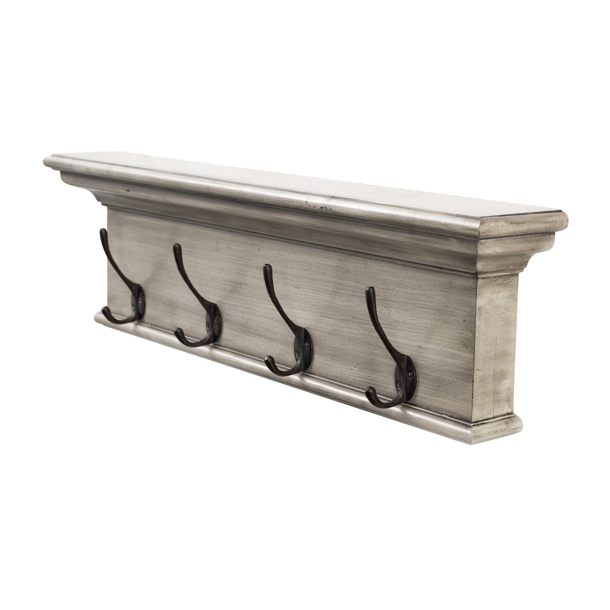 Rustic Antiqued Ivory Wood Four Hook Hanging Coat Rack