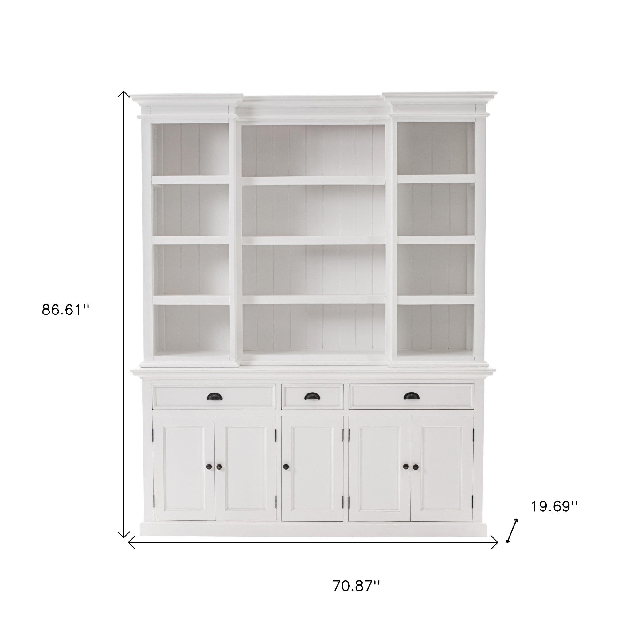 71" White Standard Dining Hutch With Eight Shelves And Three Drawers