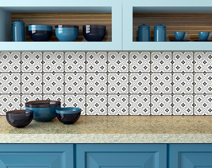 4" X 4" Black and White Rosa Peel and Stick Removable Tiles