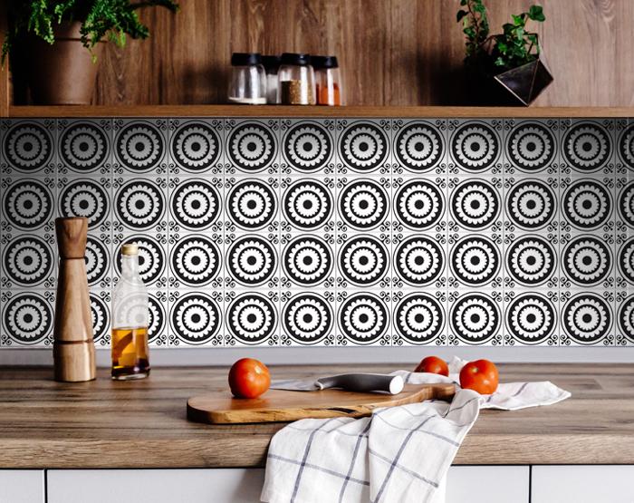 4" X 4" Black and White Posy Peel and Stick Removable Tiles