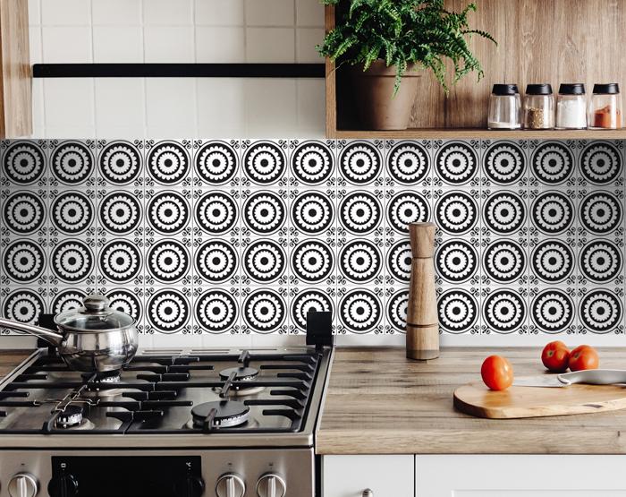 4" X 4" Black and White Posy Peel and Stick Removable Tiles