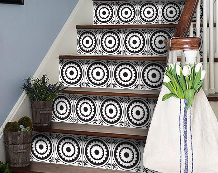 4" X 4" Black and White Posy Peel and Stick Removable Tiles