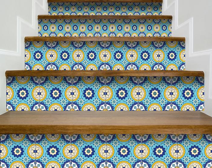 4" X 4" Aqua Floral Peel and Stick Removable Tiles