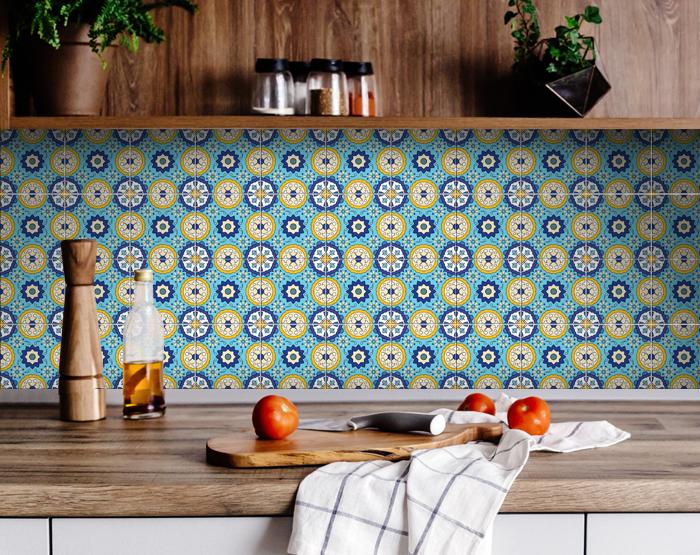 6" X 6" Aqua Floral Peel and Stick Removable  Tiles