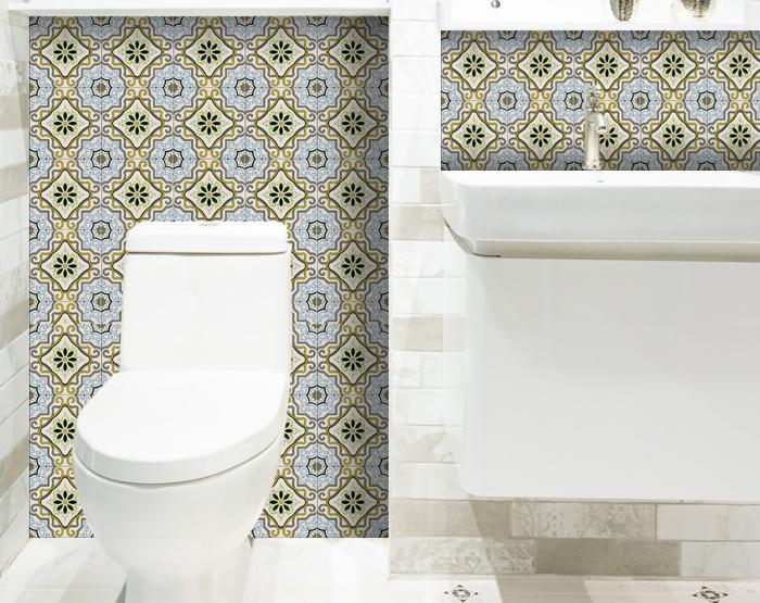 5" X 5" Taupe and Blue Scroll Peel and Stick Tiles