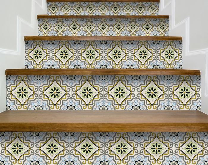 5" X 5" Taupe and Blue Scroll Peel and Stick Tiles