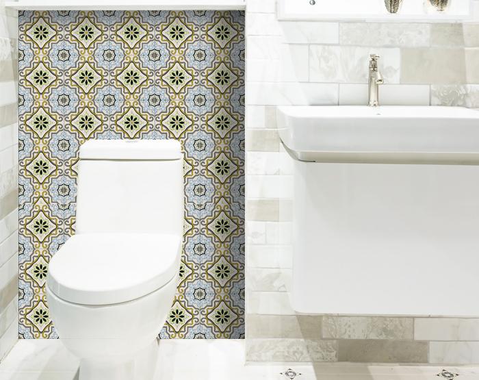 7" X 7" Taupe and Blue Scroll Peel and Stick Tiles