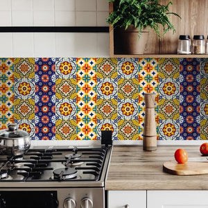 6" X 6" Blue And Yellow Mosaic Peel And Stick Removable Tiles