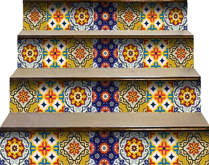 8" X 8" Blue And Yellow Mosaic Peel And Stick Removable Tiles