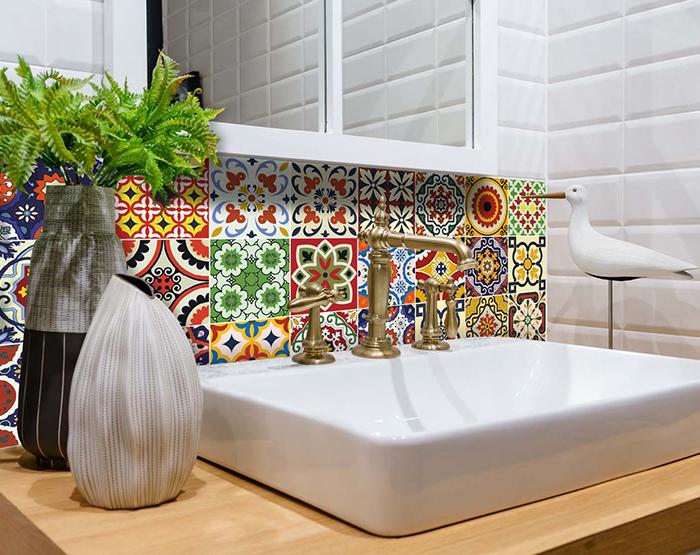 7" X 7" Blue Red Yellow Mosaic Peel And Stick Tiles