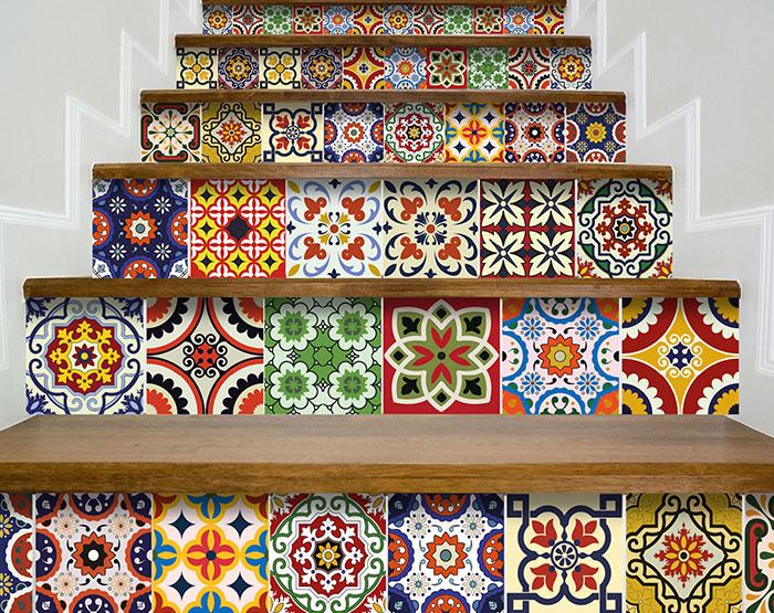 7" X 7" Blue Red Yellow Mosaic Peel And Stick Tiles