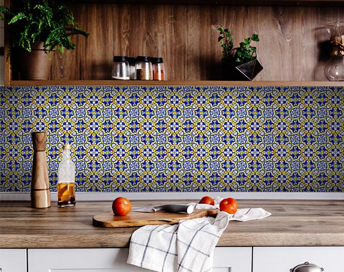 6" X 6" Blue and Yellow Links Peel And Stick Tiles