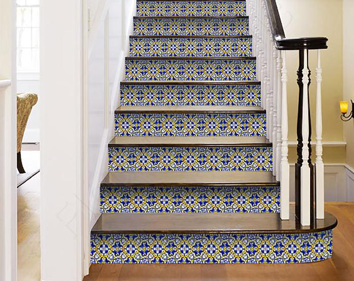 7" X 7" Blue and Yellow Links Peel And Stick Tiles