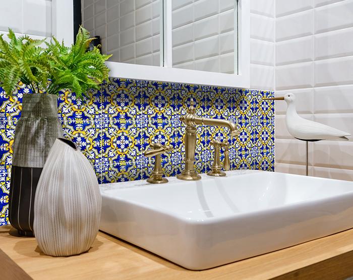 7" X 7" Blue and Yellow Links Peel And Stick Tiles