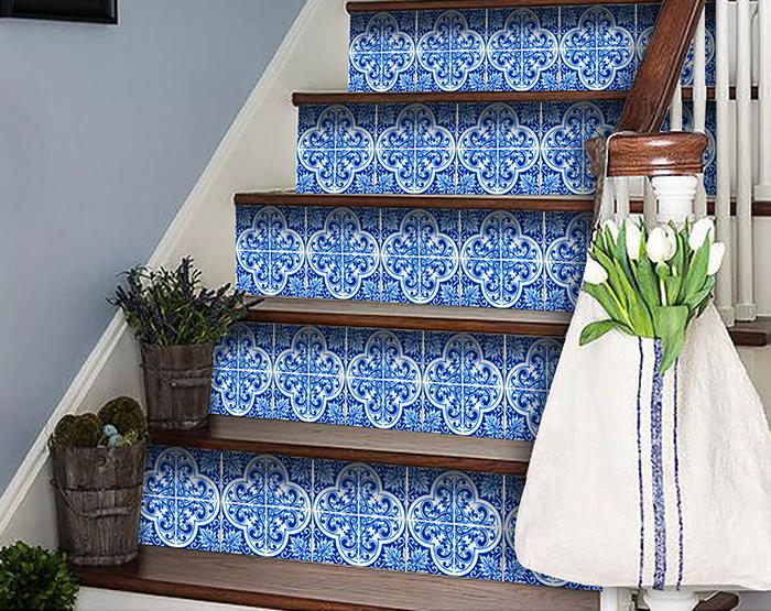 6" X 6" Blue and White Cross Peel And Stick Tiles