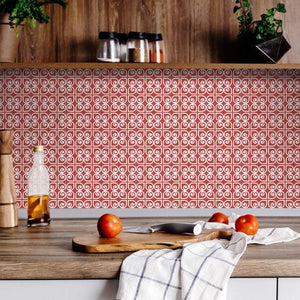 6" x 6" Brick Red And White Scroll Peel and Stick Removable Tiles