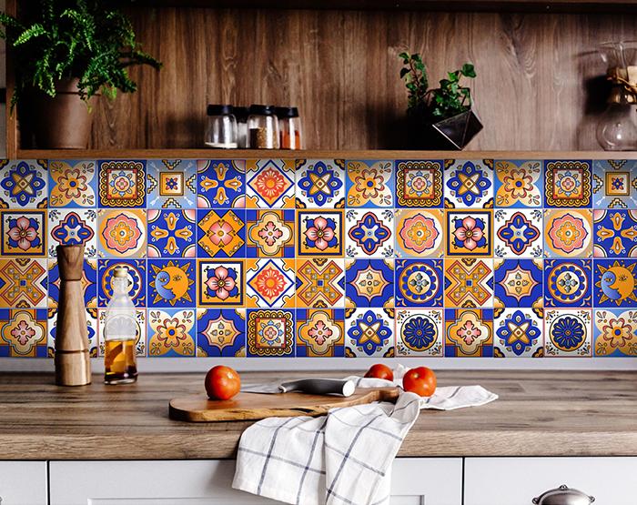 Blue and Gold Celestial Mosaic Peel and Stick Removable Tiles - 4" x 4"