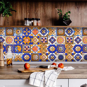 Blue and Gold Celestial Mosaic Peel and Stick Removable Tiles - 4" x 4"