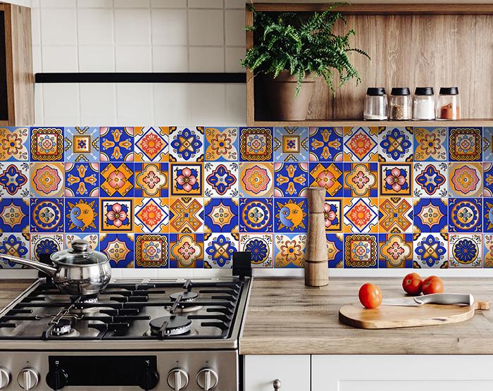 Blue and Gold Celestial Mosaic Peel and Stick Removable Tiles - 4" x 4"