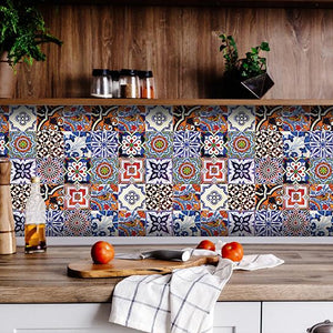 7" x 7" Blues and Reds Mosaic Peel and Stick Removable Tiles