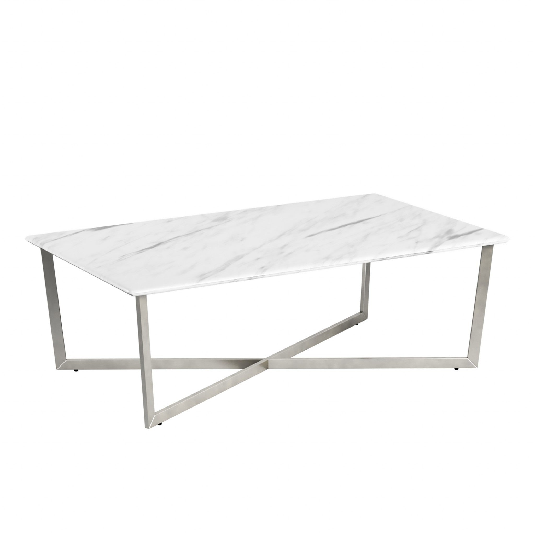 47" Silver And White Manufactured Wood And Metal Rectangular Coffee Table