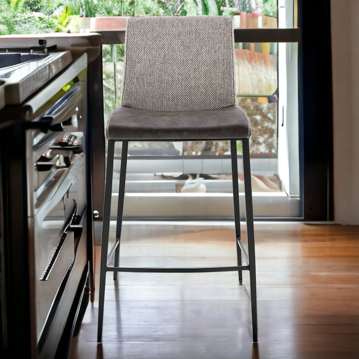 Set Of Two 36" Gray And Black Steel Low Back Counter Height Bar Chairs With Footrest