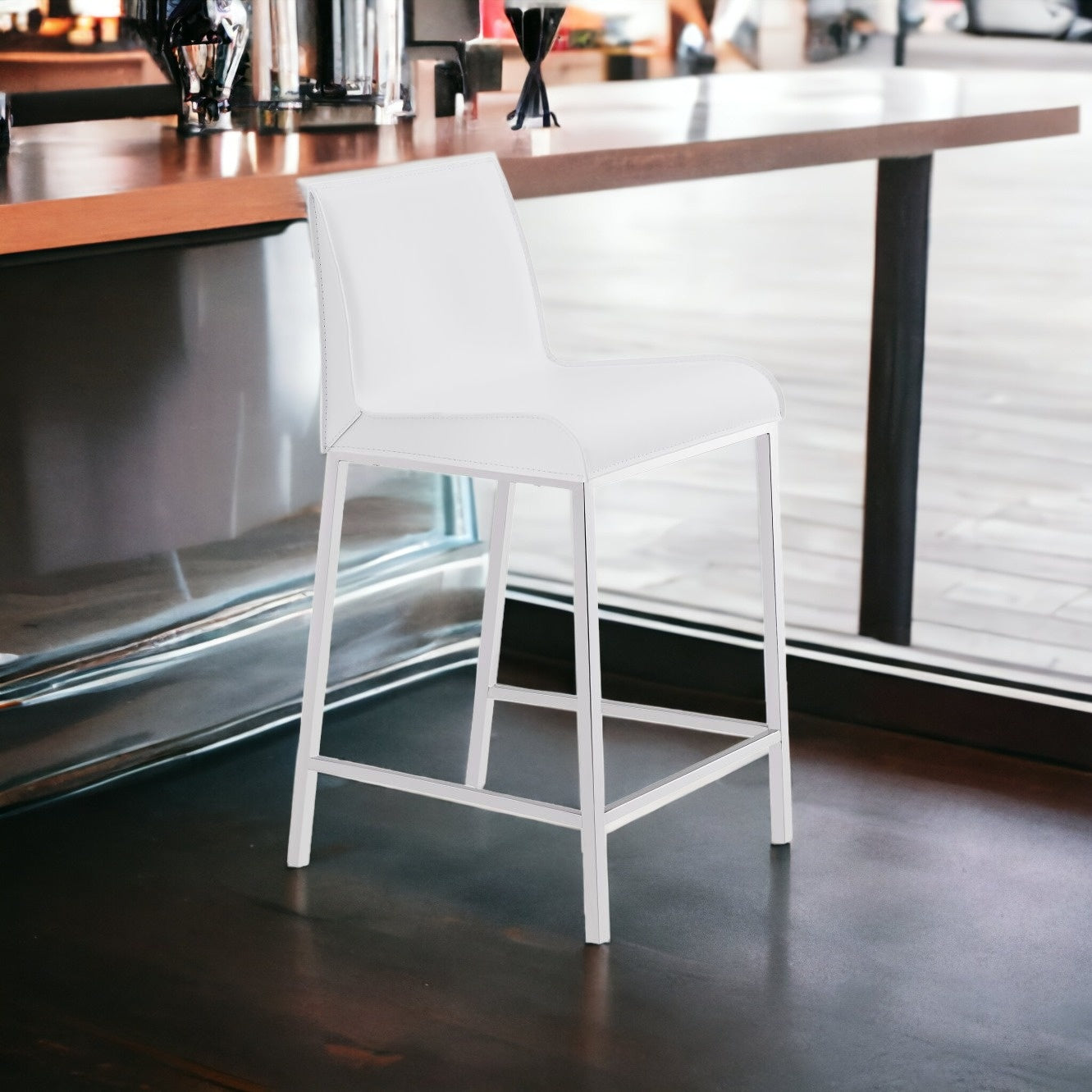 Set Of Two 34" White And Silver Steel Low Back Counter Height Bar Chairs With Footrest