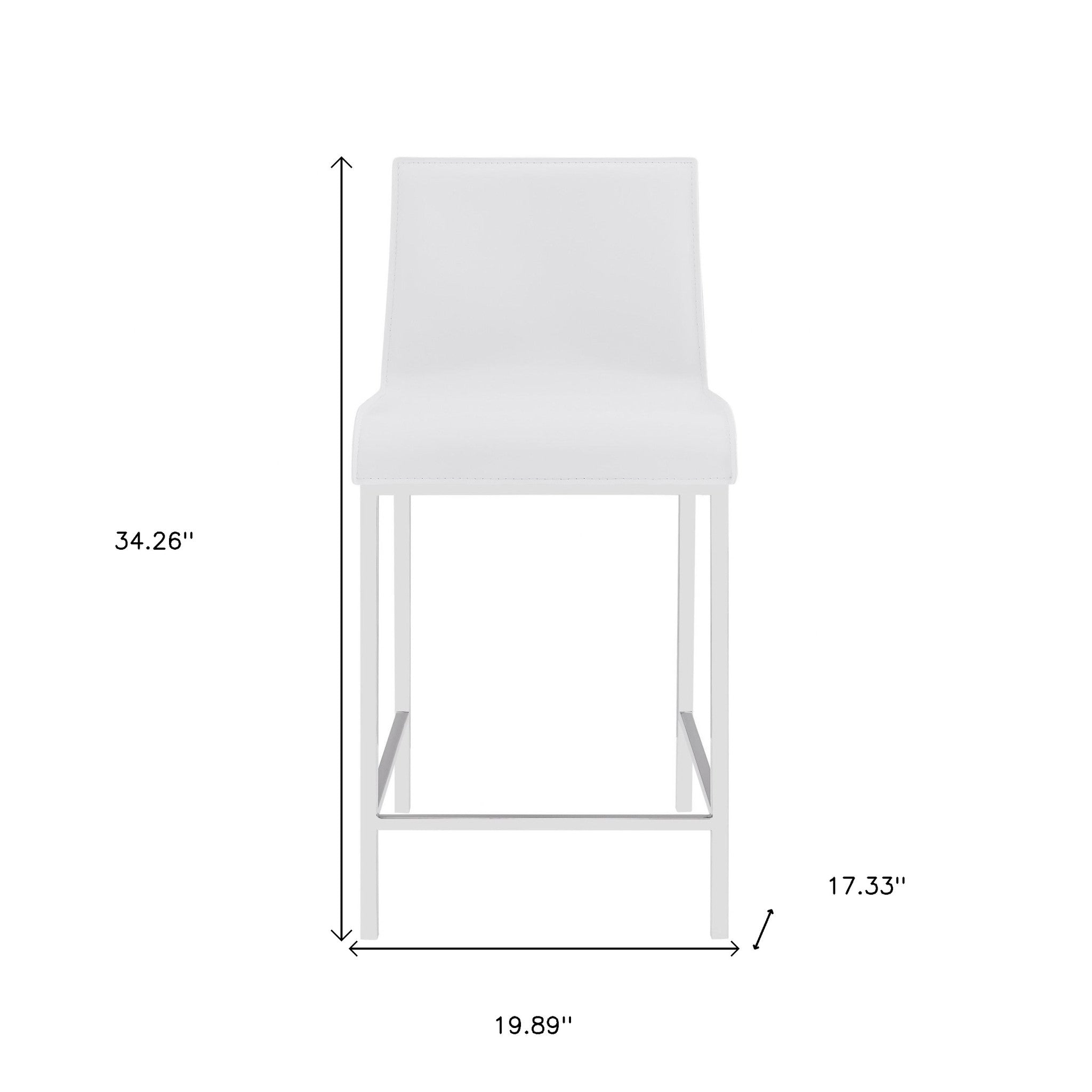 Set Of Two 34" White And Silver Steel Low Back Counter Height Bar Chairs With Footrest