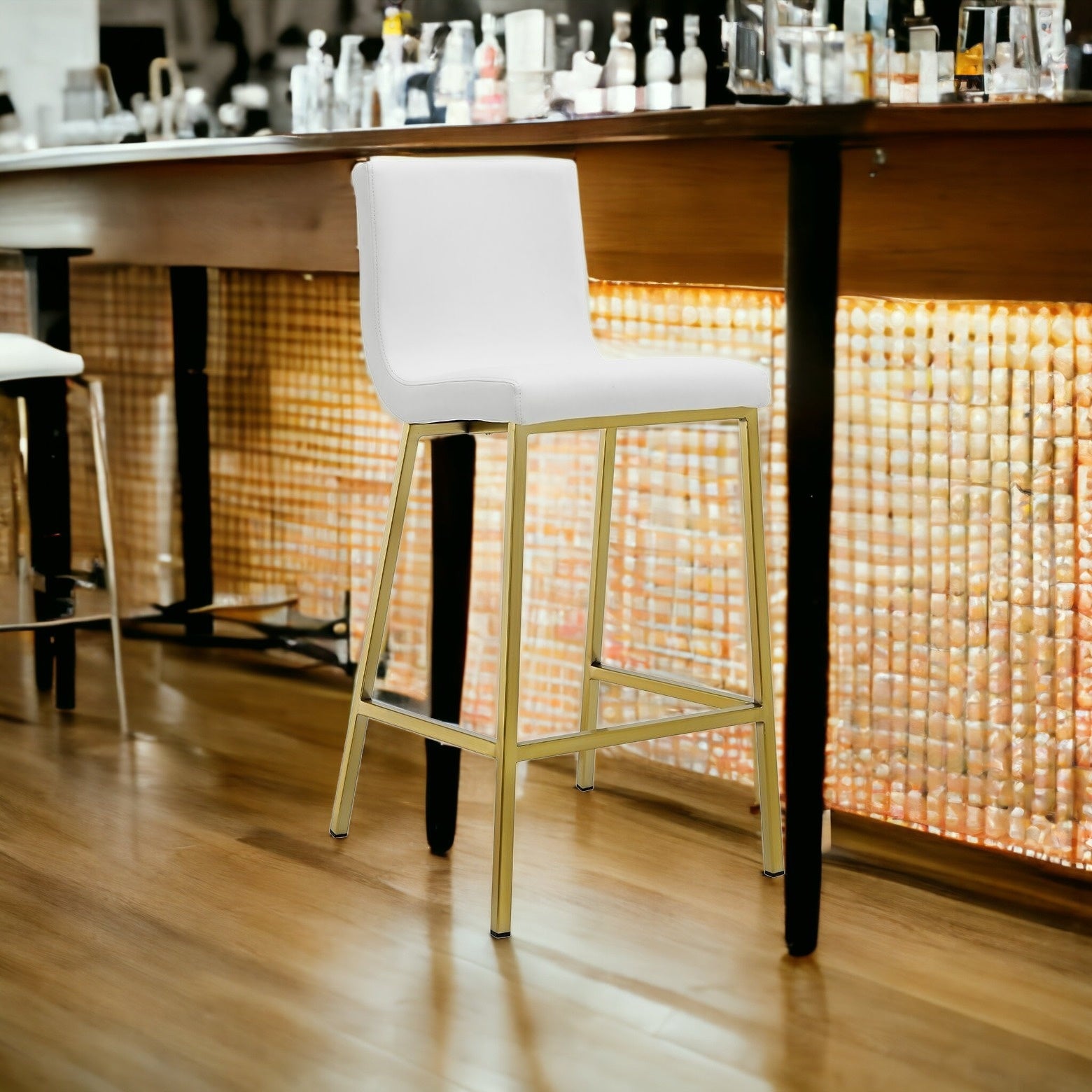 Set Of Two 36" White And Gold Steel Low Back Counter Height Bar Chairs With Footrest