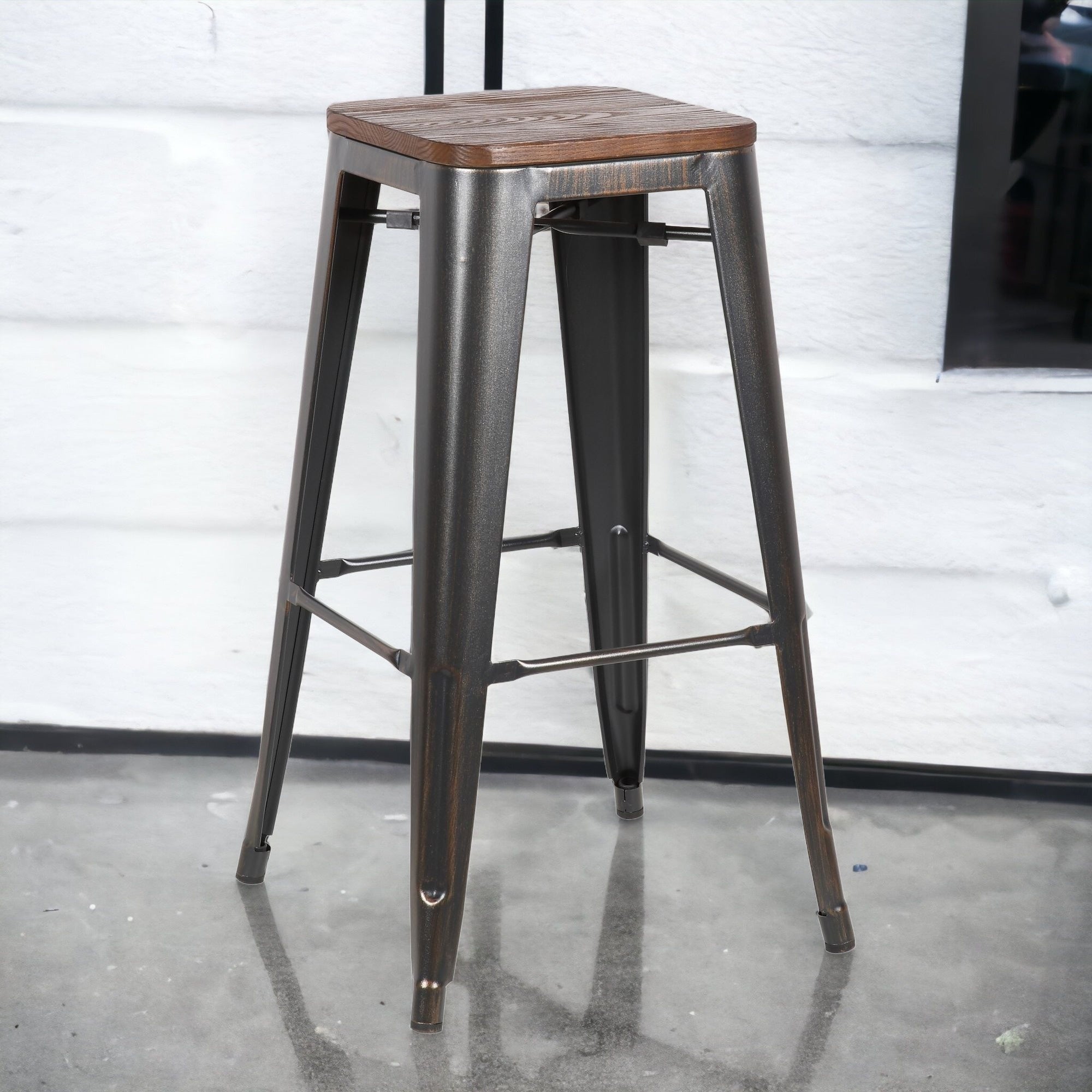Set of Four Rustic Cafe Wood and Steel Bar Stools