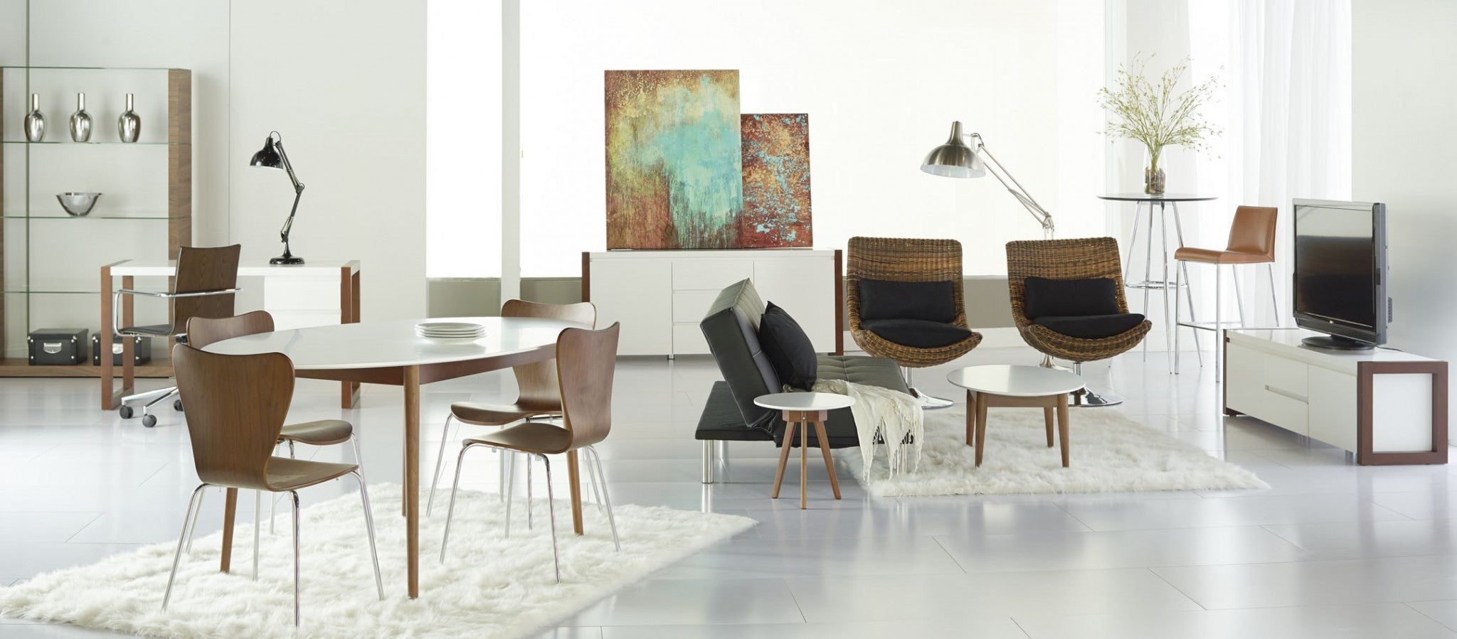 Modern Walnut and White Oval Dining Table