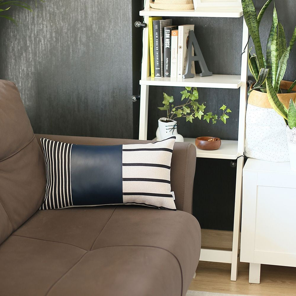 Navy Blue Striped Zippered Polyester Throw Pillow