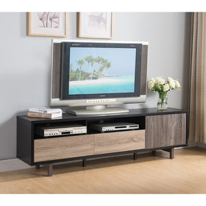 Stylish Black TV Console Cabinet With Dark Taupe And Distressed Grey Accents